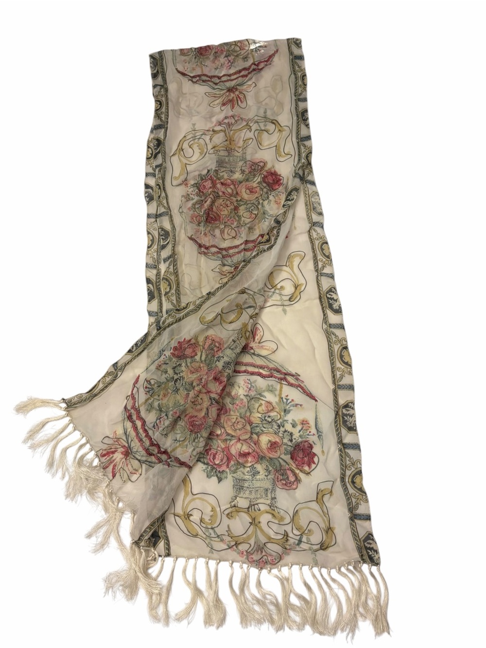 Long Scarf French Countryside Florals 72x12” Shabby Chic Fringe Victorian
